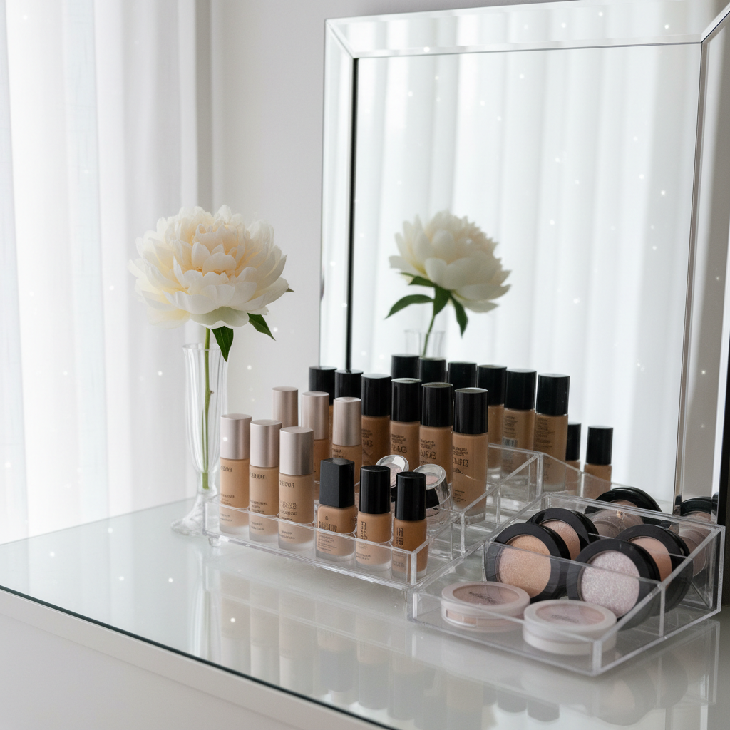 An elegantly styled bridal makeup workstation without any people, featuring an immaculate clear acrylic organizer filled with high-end foundations in a spectrum of porcelain to deep espresso tones, silk-finish powders, and finely milled highlighters. A single ivory peony in a slim crystal vase sits to the side, reflected in a frameless mirror with a beveled edge. Soft, diffused natural daylight streams through sheer white curtains behind, illuminating subtle sparkles in the products and creating a bright, airy ambience. Shot from a slightly elevated angle with a rule-of-thirds composition, the foreground in crisp focus and the background gently blurred. Photographic realism with a sophisticated, serene atmosphere that suggests bridal elegance and meticulous professional preparation.