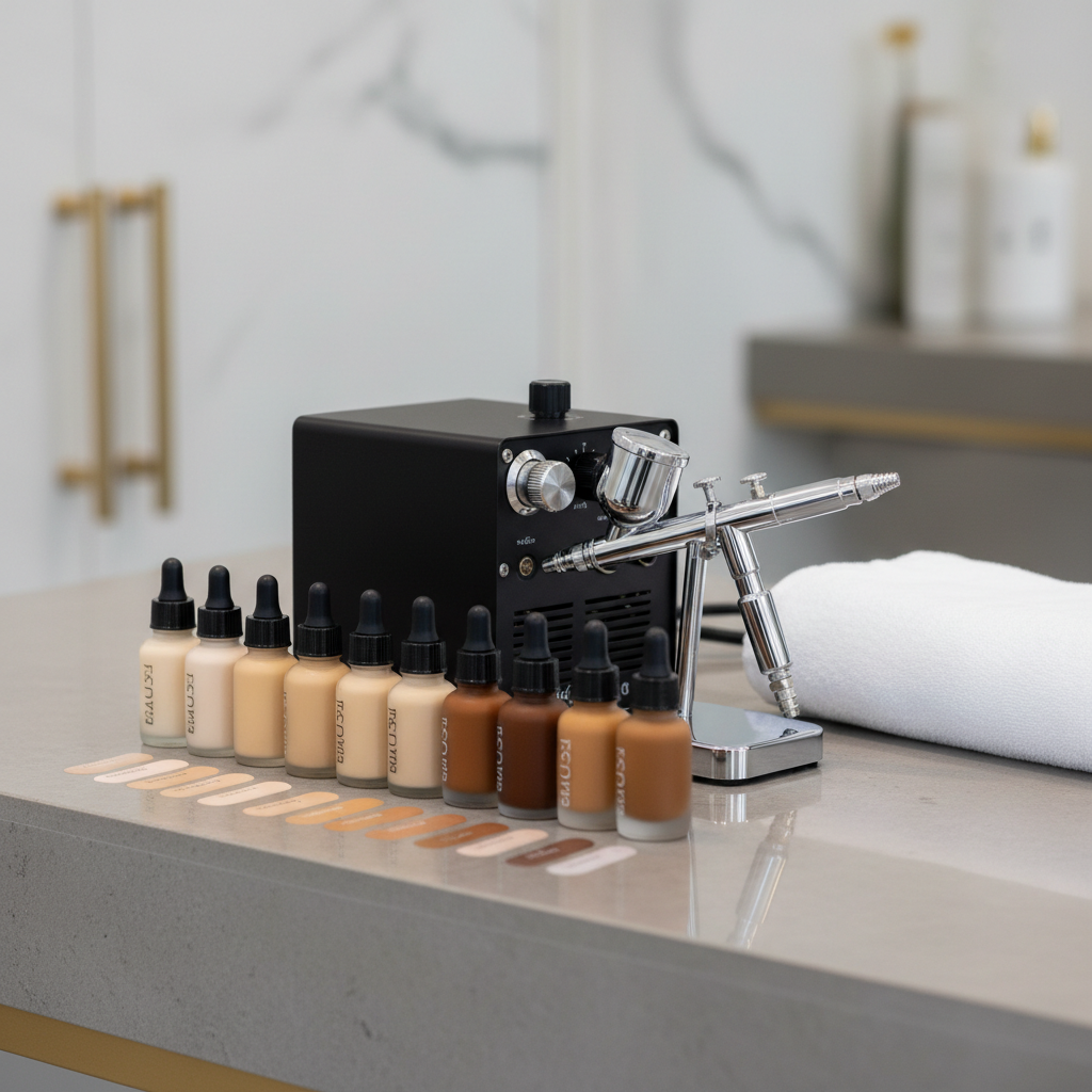 A refined detail shot of an airbrush makeup system arranged on a smooth stone-gray counter: a matte-black compressor with subtle metallic accents, a polished chrome airbrush gun resting on a small stand, and rows of tiny frosted bottles of foundation marked in precise gradient shades from fair to deep. A folded, spotless white towel lies neatly beside the setup. Overhead softbox lighting creates a clean, even glow with gentle reflections on the metal surfaces and almost no harsh shadows. Photographic realism, captured from a three-quarter angle with moderate depth of field so the equipment is in sharp focus while the background fades into a gentle blur. The atmosphere is clinical yet luxurious, suggesting advanced, high-precision bridal and editorial makeup techniques.
