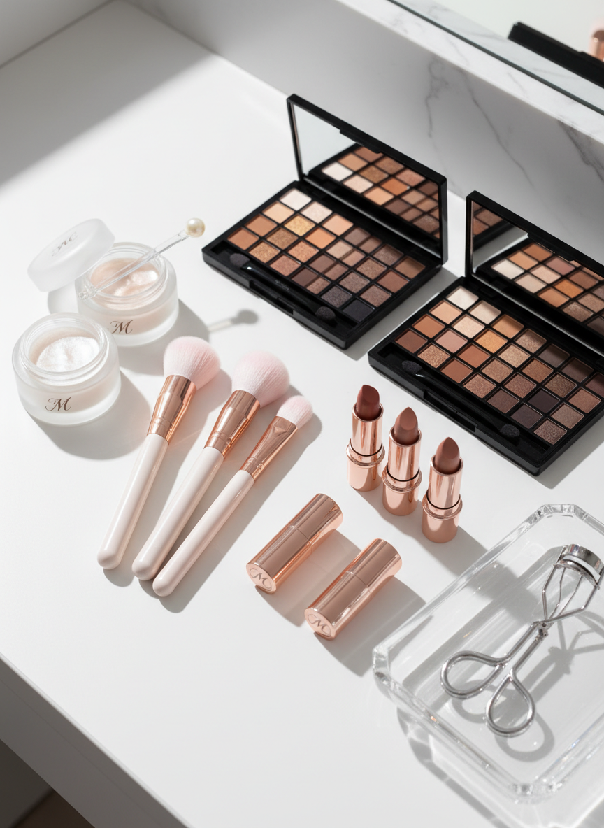 A meticulously arranged professional makeup flat lay on a pristine white vanity surface, featuring luxury rose-gold brushes with ultra-soft bristles, glass jars of luminous primer, sleek black palettes with shimmering neutral eyeshadows, and tubes of creamy nude lipsticks with embossed logos on their caps. A polished crystal tray holds elegant silver eyelash curlers and a delicate glass bottle of setting spray. Soft studio lighting from the top left creates refined highlights on metal and glass, casting gentle, sophisticated shadows. The background softly falls out of focus, revealing only a blurred hint of a marble countertop edge. Photographic realism, eye-level composition with a shallow depth of field, conveying a calm, refined and luxurious mood suitable for an award-winning bridal and editorial makeup artist brand.