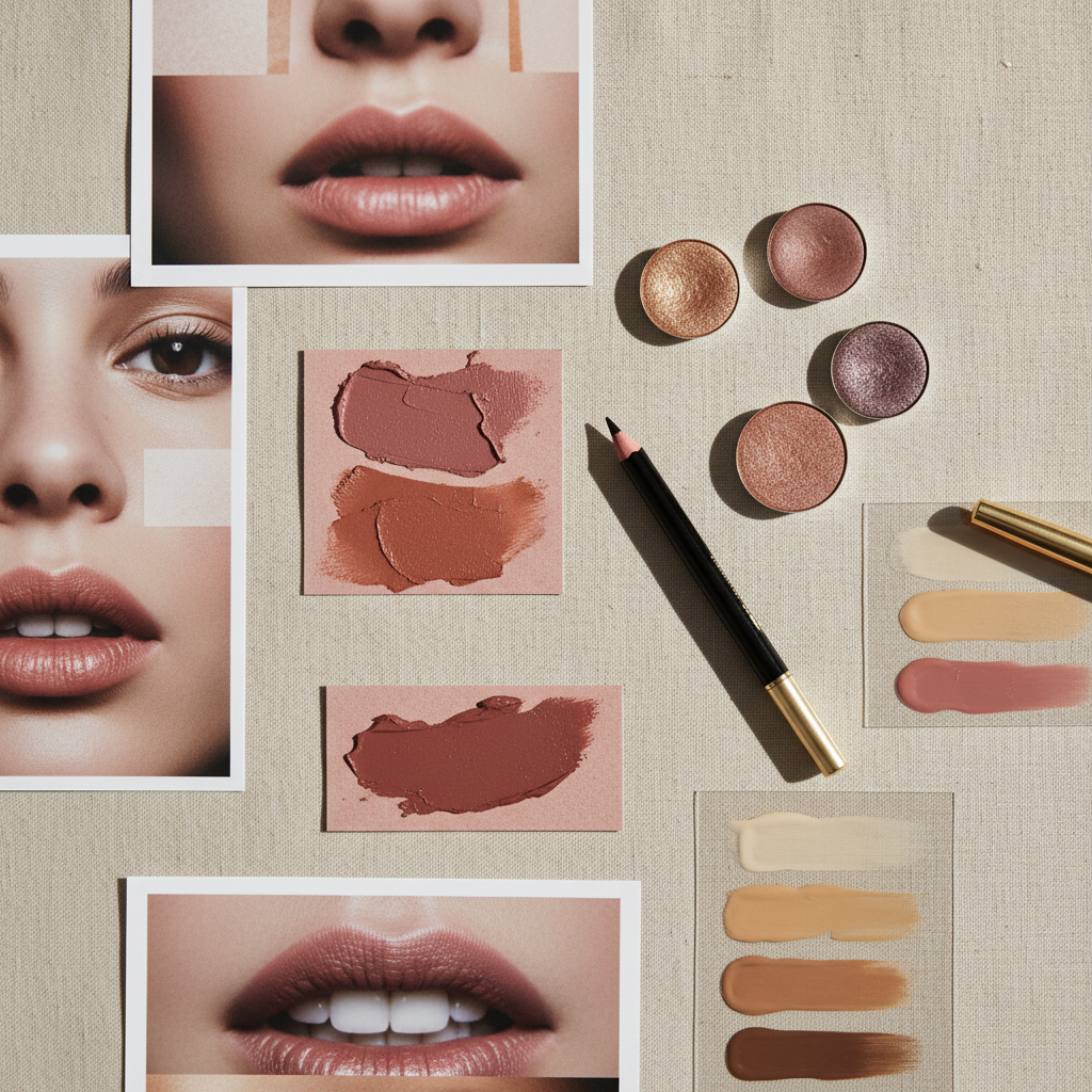 A sophisticated mood-board style composition laid out on a pale champagne-colored linen surface, featuring printed editorial beauty photographs cropped to show only eyes, lips, and abstract color swatches, all intentionally blurred. Interspersed between the prints are textured lipstick smear cards in muted rose and terracotta, shimmering eyeshadow pans, and translucent foundation swatches painted in smooth gradient strips on acetate. A fine-tipped black makeup pencil and a sleek gold-capped pen lie diagonally across the arrangement, unifying the layout. Soft overhead natural light creates delicate shadows along the paper edges and a gentle sheen on the cosmetic textures. Photographic realism with a top-down, flat-lay composition and crisp focus on textures, conveying an atmosphere of creative direction, artistry, and refined editorial planning for a top-tier makeup artist.