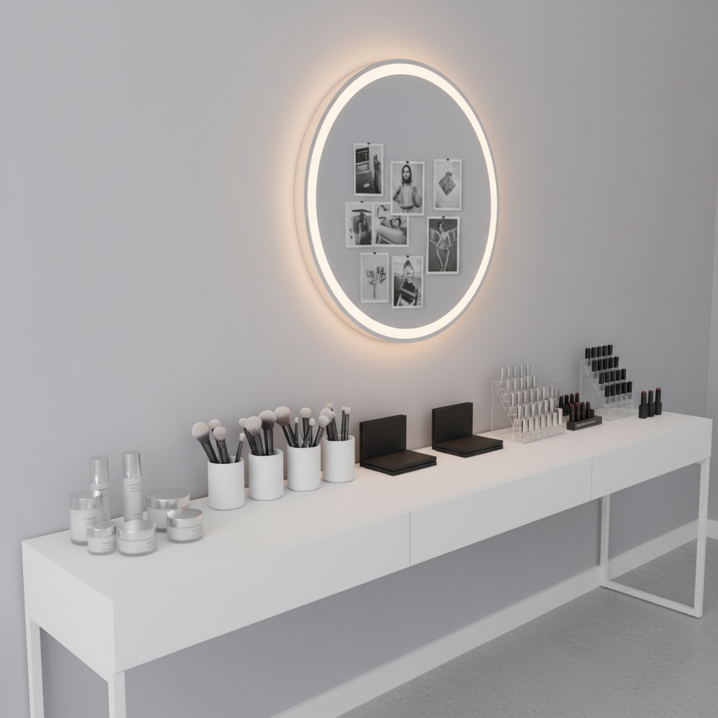 An ultra-clean, modern makeup studio interior without people, featuring a long white vanity against a soft dove-gray wall, topped with an organized row of professional makeup products: spotless brush canisters, sleek black palettes, clear acrylic lipstick towers, and minimalist glass jars of skincare. A large, frameless mirror with softly glowing LED perimeter lights reflects the orderly arrangement and a hint of a curated mood board with muted editorial tear sheets on the opposite wall. The space is bathed in soft, neutral studio lighting that eliminates harsh shadows, creating an even, flattering illumination. Photographic realism, shot at eye level with a wide lens to capture the breadth of the workspace, maintaining sharp focus throughout. The mood is calm, high-end, and meticulously professional, ideal for a sophisticated makeup artist brand.