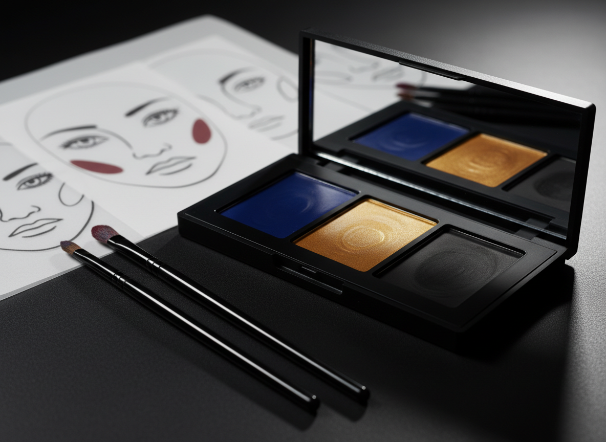 An open editorial makeup palette resting on a matte black surface, showcasing bold, highly pigmented shades: deep sapphire, rich burgundy, molten gold, and smoked charcoal, each pan with a velvety, almost creamy texture. Beside it lie precision detail brushes with slim, lacquered black handles and fine tapered bristles, their tips stained with color. A sheet of tracing paper with conceptual face charts, only partially visible and blurred, lies in the background. Dramatic side lighting from the right creates strong contrast and sculpted shadows, emphasizing the richness of the pigments. Captured in photographic realism from a low, close-up angle with a shallow depth of field, the overall mood is artistic, editorial, and slightly mysterious, conveying high-fashion sophistication.