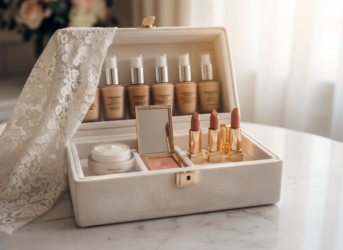 A close-up of a luxurious bridal makeup kit arranged inside a velvet-lined, pearl-white case resting on a pale marble tabletop. Inside, velvet dividers cradle glass bottles of luminous foundation, a frosted jar of radiant skin cream, a slim case of soft pink blush, and a trio of satin-finish nude lipsticks with gold detailing. A delicate lace veil is casually draped along one edge of the case, its intricate pattern softly out of focus. Gentle golden hour sunlight streams from a nearby window, catching on the metal accents and creating a subtle halo effect. Photographic realism with an eye-level, centered composition and shallow depth of field, evoking romance, calm confidence, and timeless bridal sophistication.