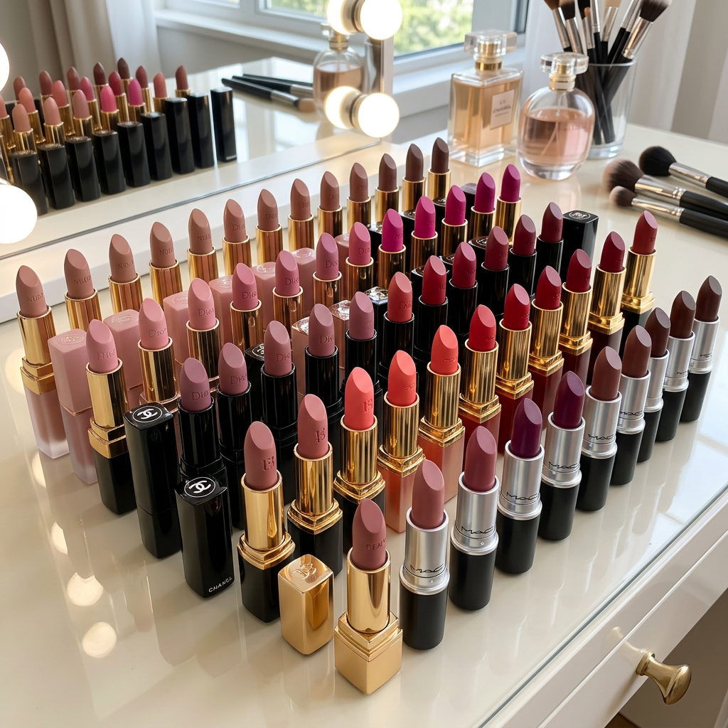 Rows of luxury brand lipsticks in nude, pink, red, and purple shades arranged on a white vanity table